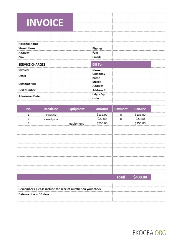 Modèle de facture de service médical